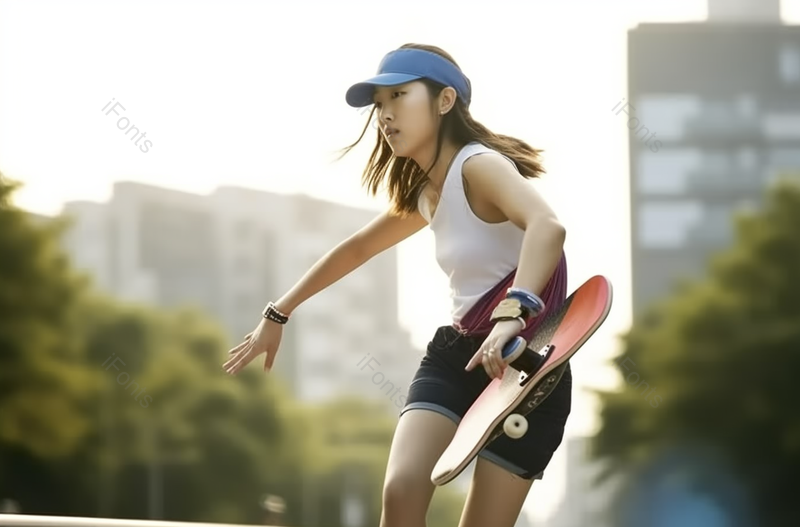 年轻女子拿着滑板在滑滑板摄影背景,高清,摄影图,摄影图片,图片大全,摄影图免费下载